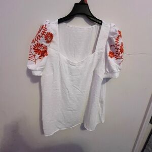 SHEIN White Blouse with Red Floral Embroidery
